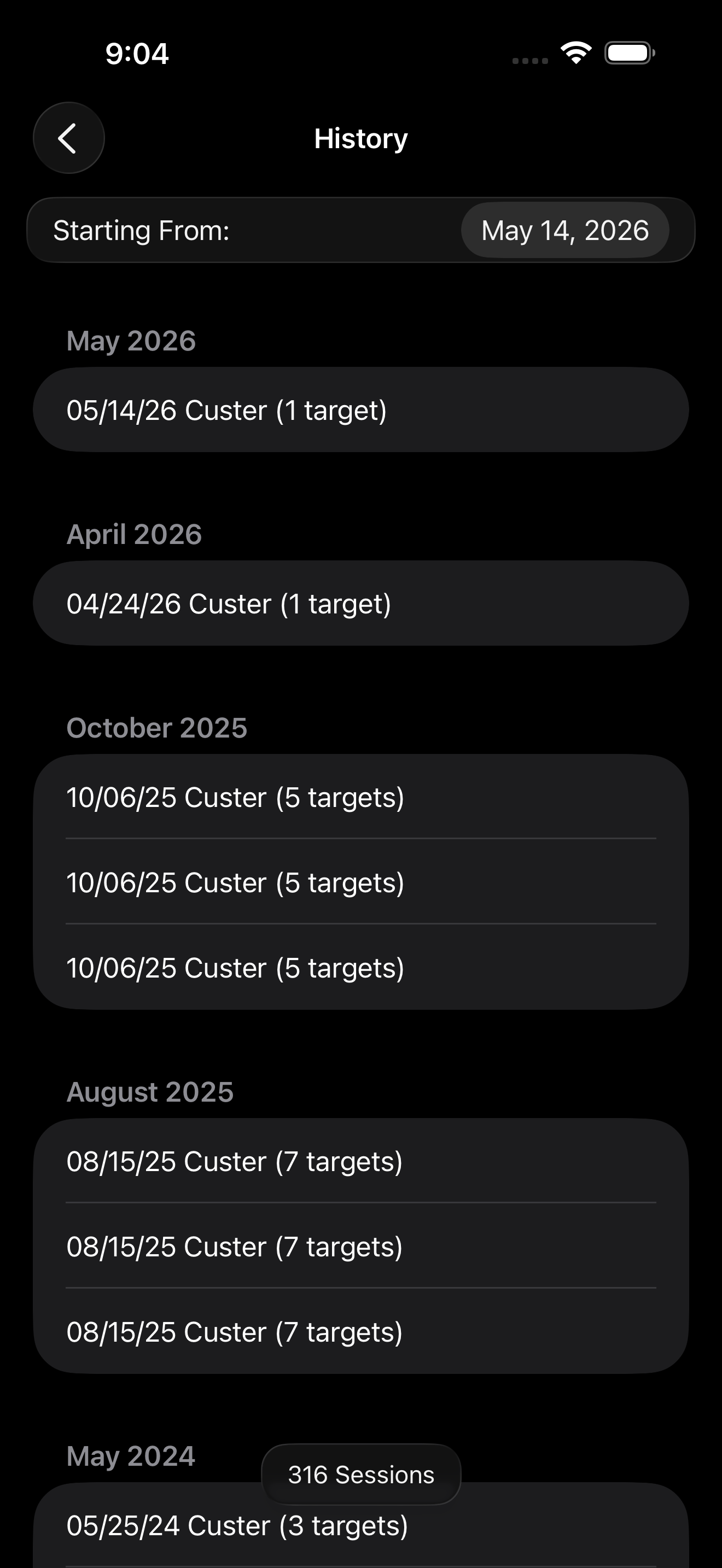 History screen showing sessions grouped by month — May 2026, April 2026, October 2025, August 2025 — with the total session count displayed at the bottom