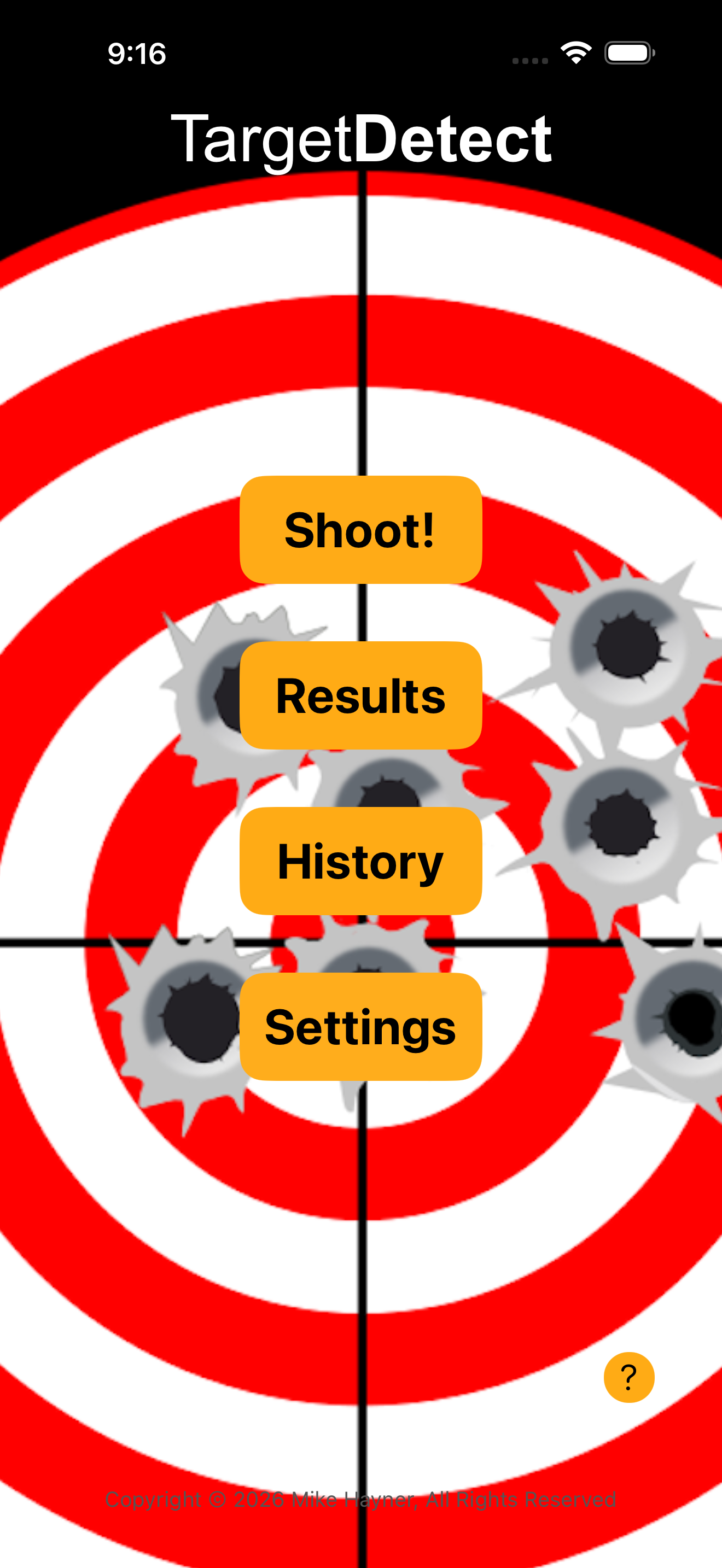 The Target Detect home screen with the app's bullseye-and-bullet-holes background and four buttons stacked in the center: Shoot, Results, History, Settings