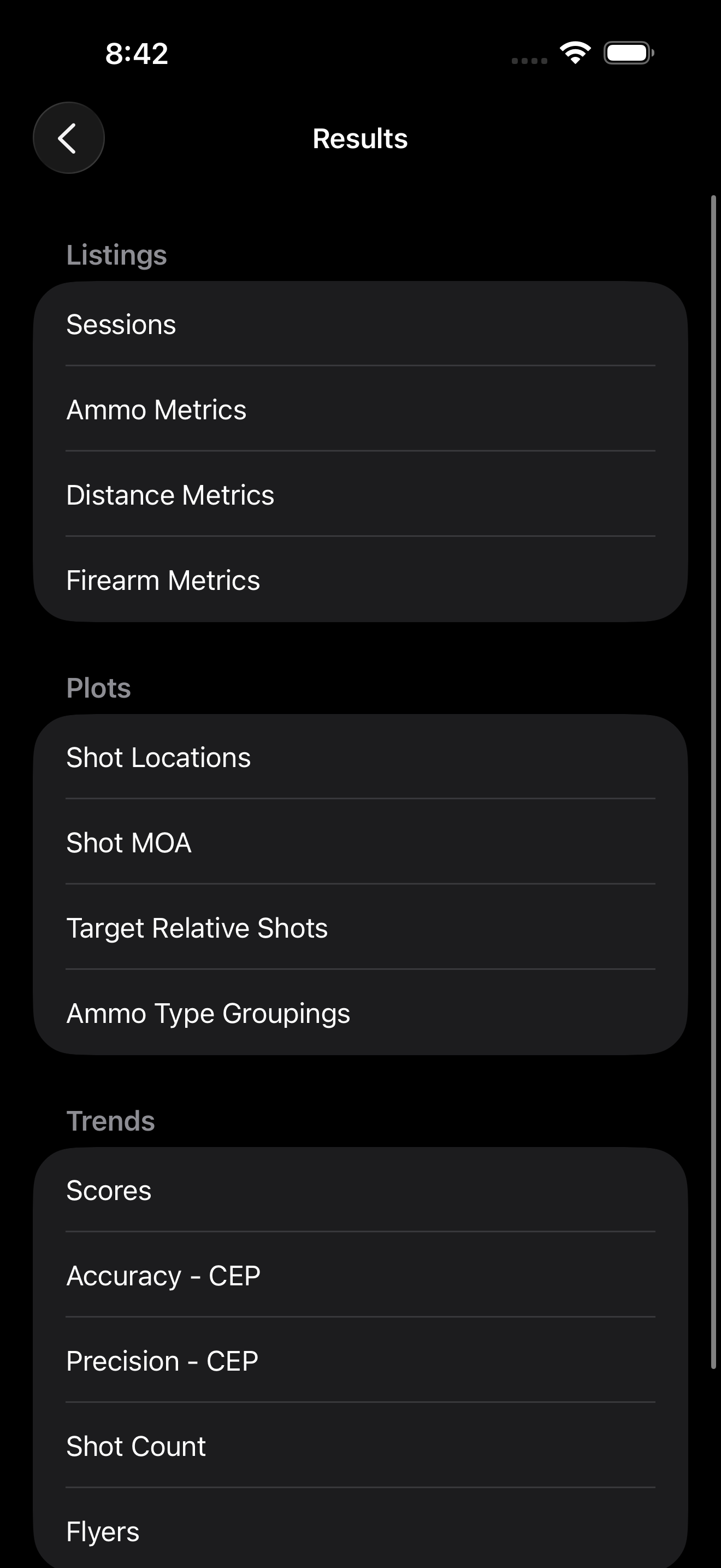 The Reports menu organized into three groups: Listings (Sessions, Ammo Metrics, Distance Metrics, Firearm Metrics), Plots (Shot Locations, Shot MOA, Target Relative Shots, Ammo Type Groupings), and Trends (Scores, Accuracy CEP, Precision CEP, Shot Count, Flyers)