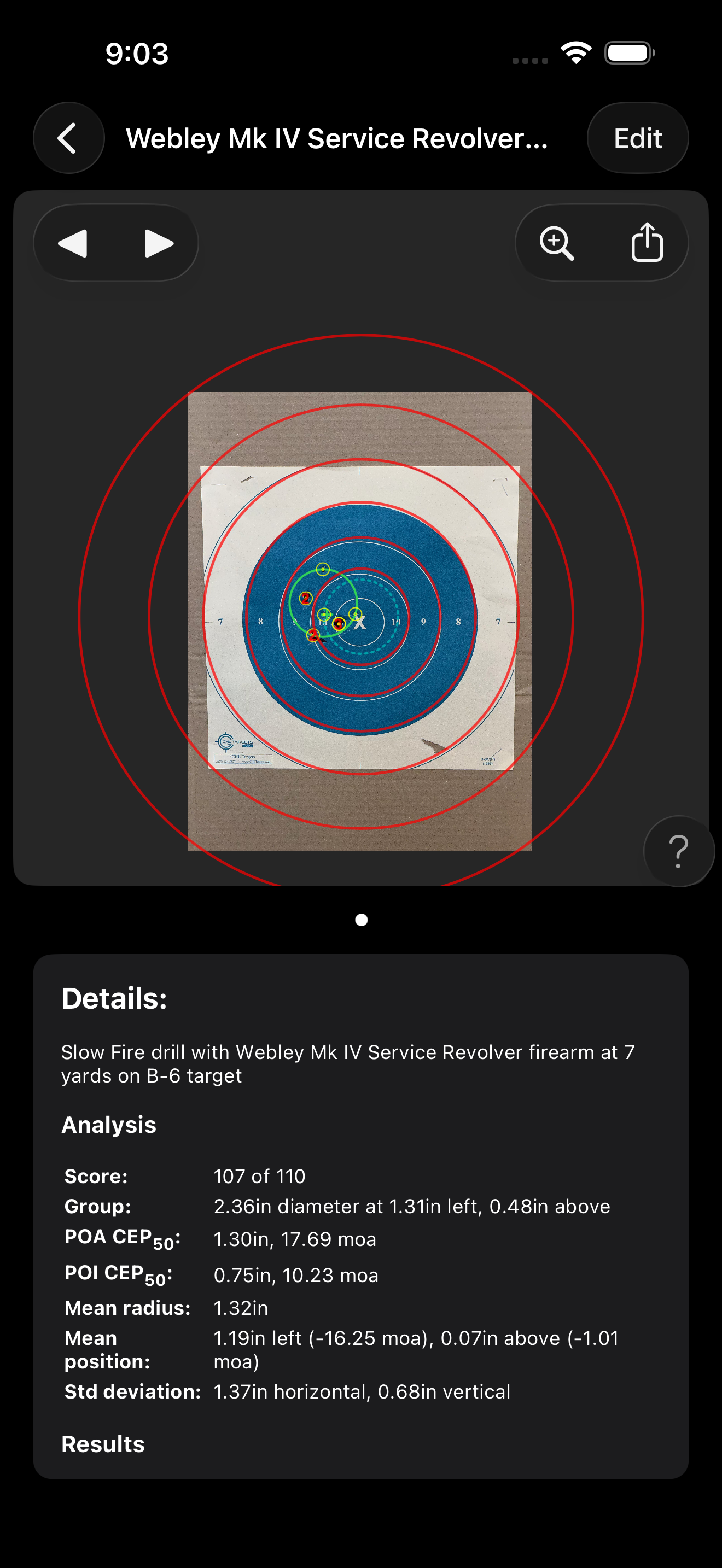 Session Analysis screen for a Webley Mk IV Service Revolver session showing the scored target image above and a Details panel below with Score 107 of 110, Group 2.36in, POA CEP 1.30in 17.69 moa, POI CEP 0.75in 10.23 moa, Mean radius 1.32in, Mean position, and Std deviation values