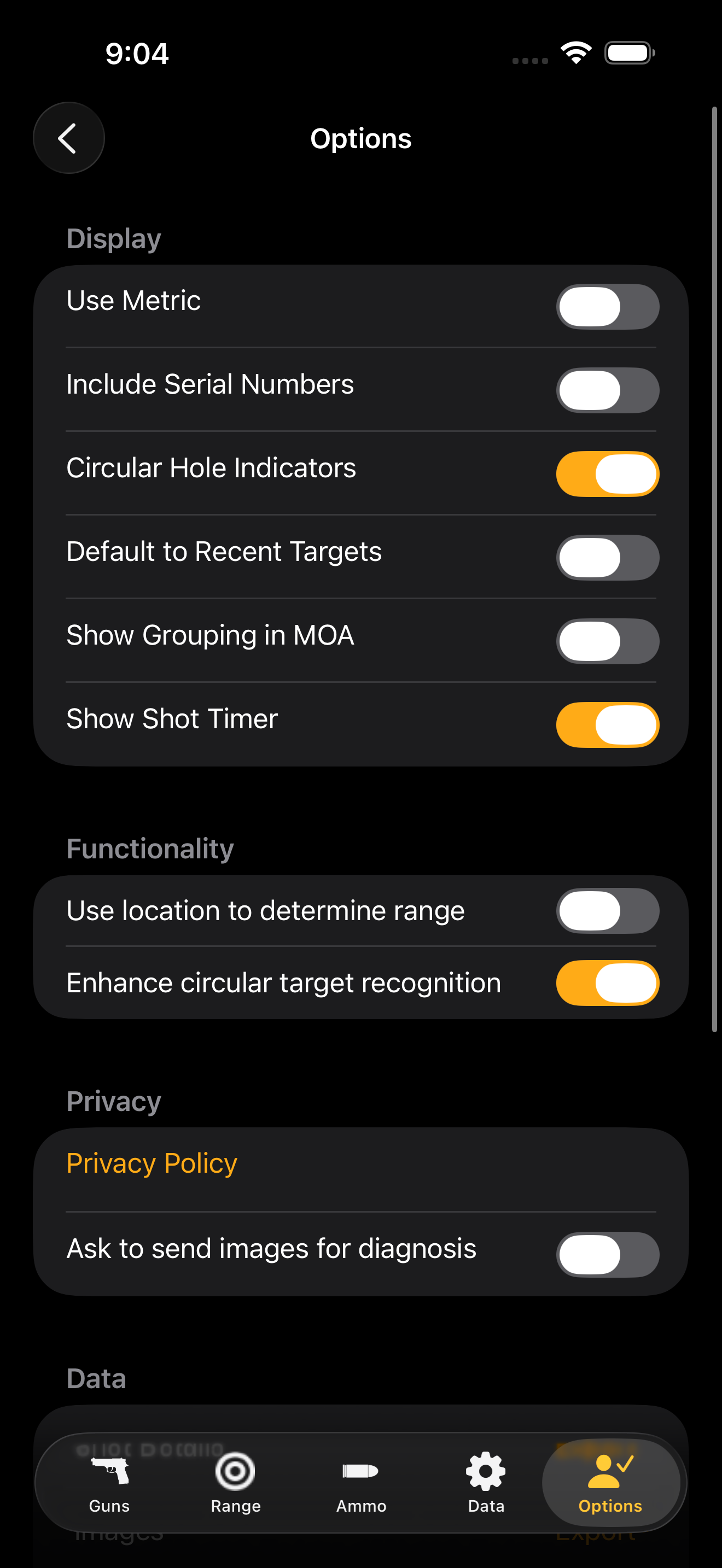 Settings Options tab showing Display section with toggles for Use Metric, Include Serial Numbers, Circular Hole Indicators, Default to Recent Targets, Show Grouping in MOA, Show Shot Timer; Functionality section with Use location to determine range and Enhance circular target recognition; Privacy section with Privacy Policy link and Ask to send images for diagnosis; tab bar at bottom with Guns, Range, Ammo, Data, Options tabs