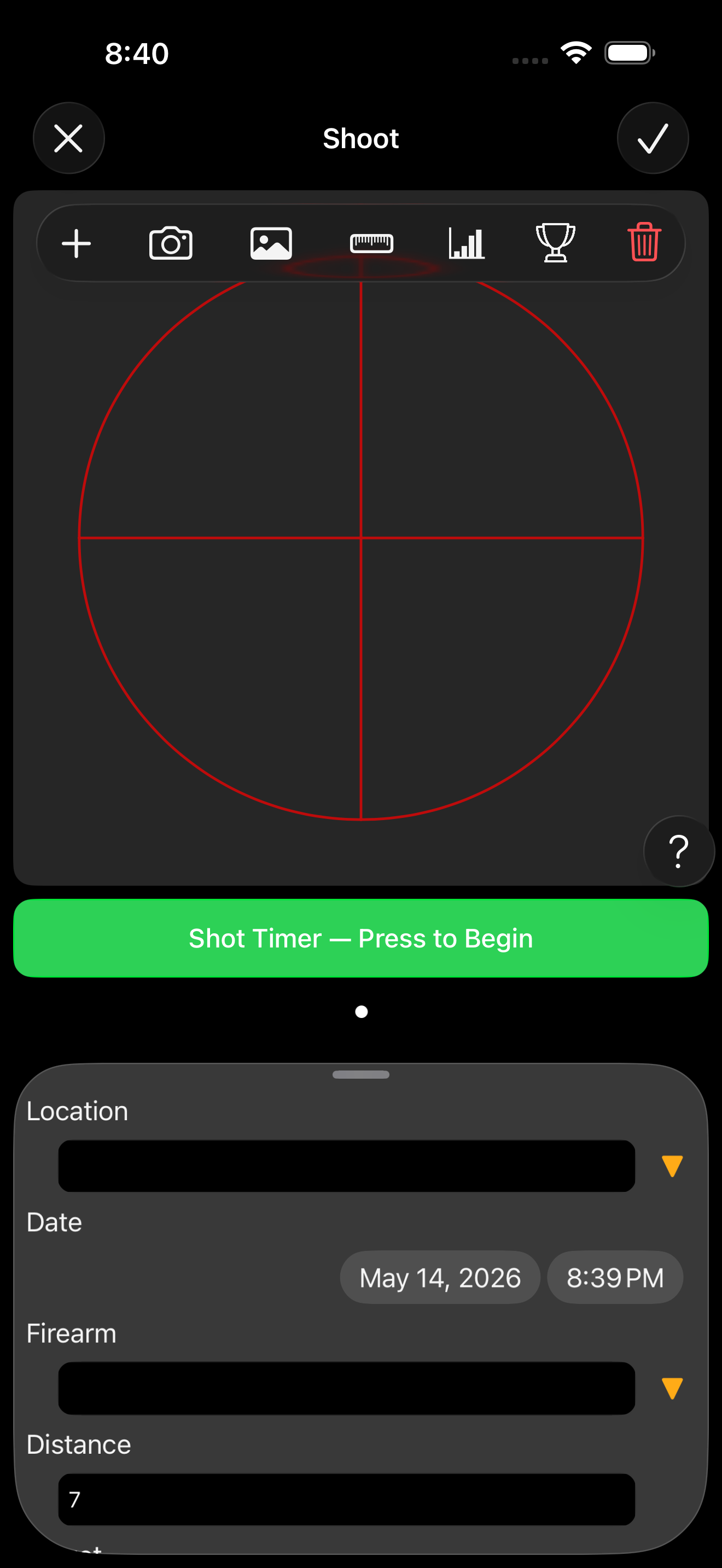 The Shoot session screen showing an empty target preview with the toolbar above it, the Shot Timer button beneath, and form fields for Location, Date, Firearm, and Distance at the bottom