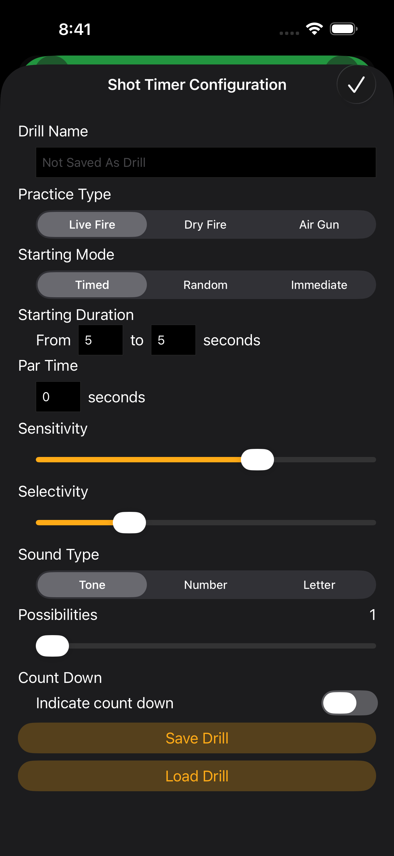 The Shot Timer Configuration screen showing fields for Drill Name, Practice Type, Starting Mode, Starting Duration, Par Time, Sensitivity, Selectivity, Sound Type, Possibilities, Count Down, and Save/Load Drill buttons
