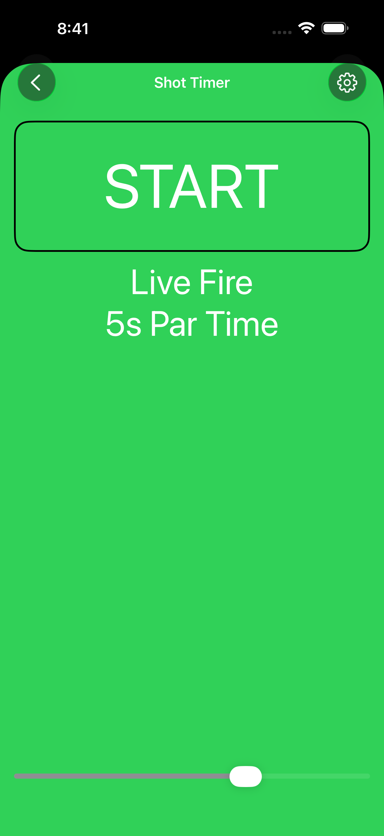 The Shot Timer screen with a large green START button and 'Live Fire / 5s Par Time' label